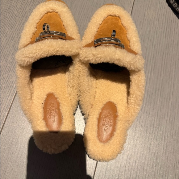 Hermes Tan Suede Shearling-Trim Loafer Mules with Silver Hardware - Picture 4 of 6